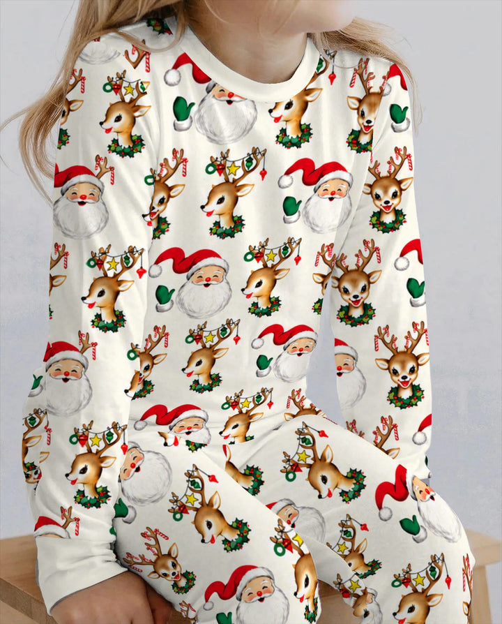 Vintage Santa & Reindeer Christmas Toss Bamboo Two Piece Long Sleeve Pajama Set