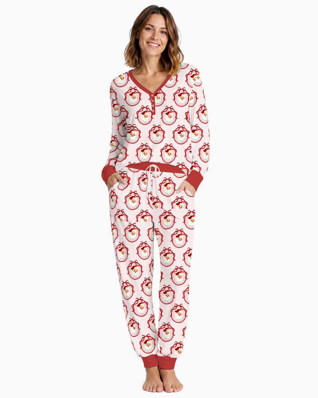Coquette Vintage Santa Christmas Medallions Bamboo Women Pajama Set