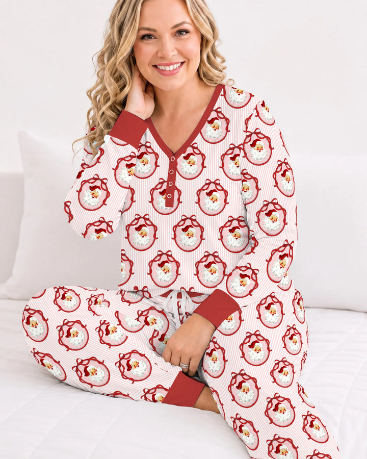 Coquette Vintage Santa Christmas Medallions Bamboo Women Pajama Set