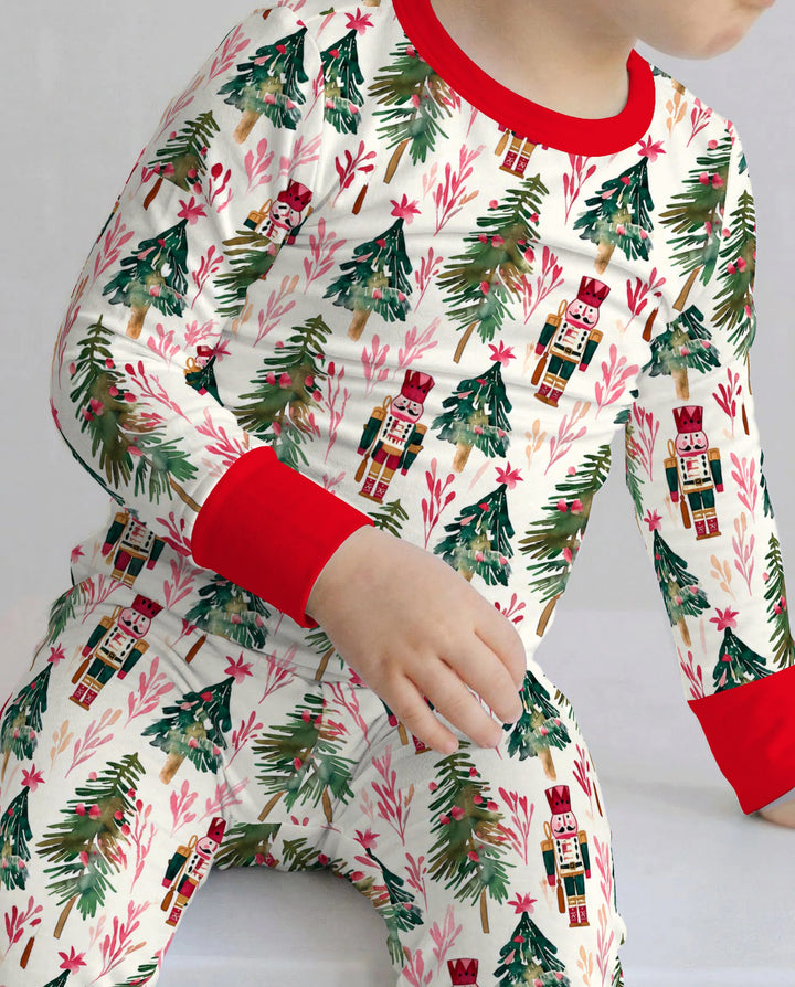 Watercolor Nutcracker & Christmas Pine Trees Bamboo Two Piece Long Sleeve Pajama Set