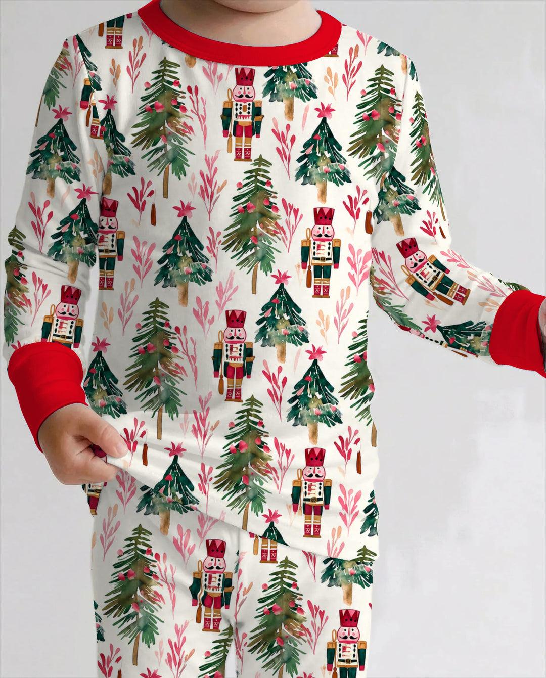 Watercolor Nutcracker & Christmas Pine Trees Bamboo Two Piece Long Sleeve Pajama Set