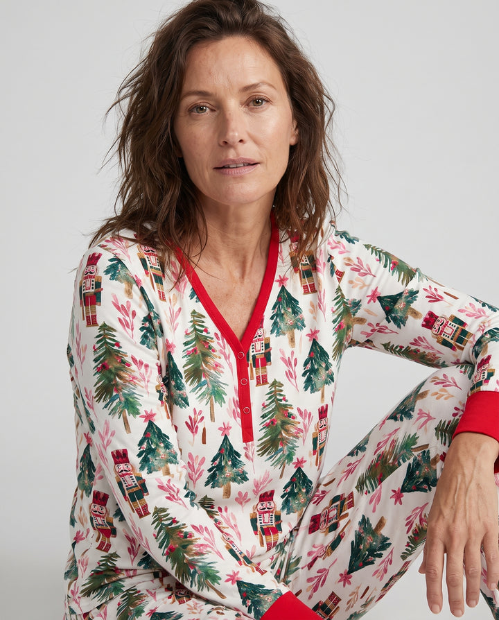 Watercolor Nutcracker & Christmas Pine Trees Bamboo Women Pajama Set