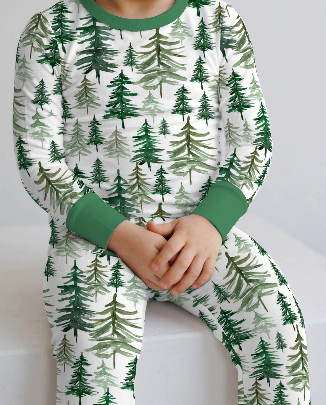 Watercolor Evergreen Pine Forest Bamboo Two Piece Long Sleeve Pajama Set