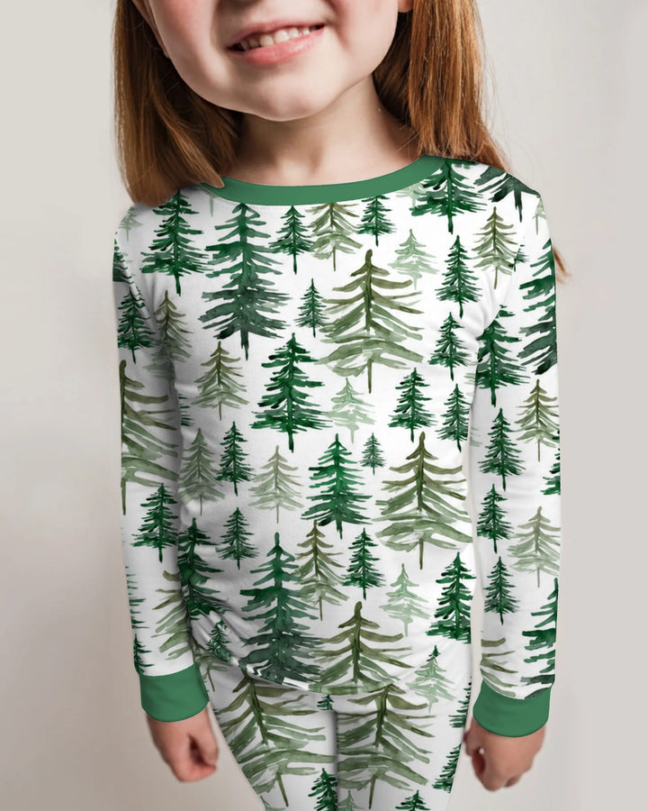 Watercolor Evergreen Pine Forest Bamboo Two Piece Long Sleeve Pajama Set