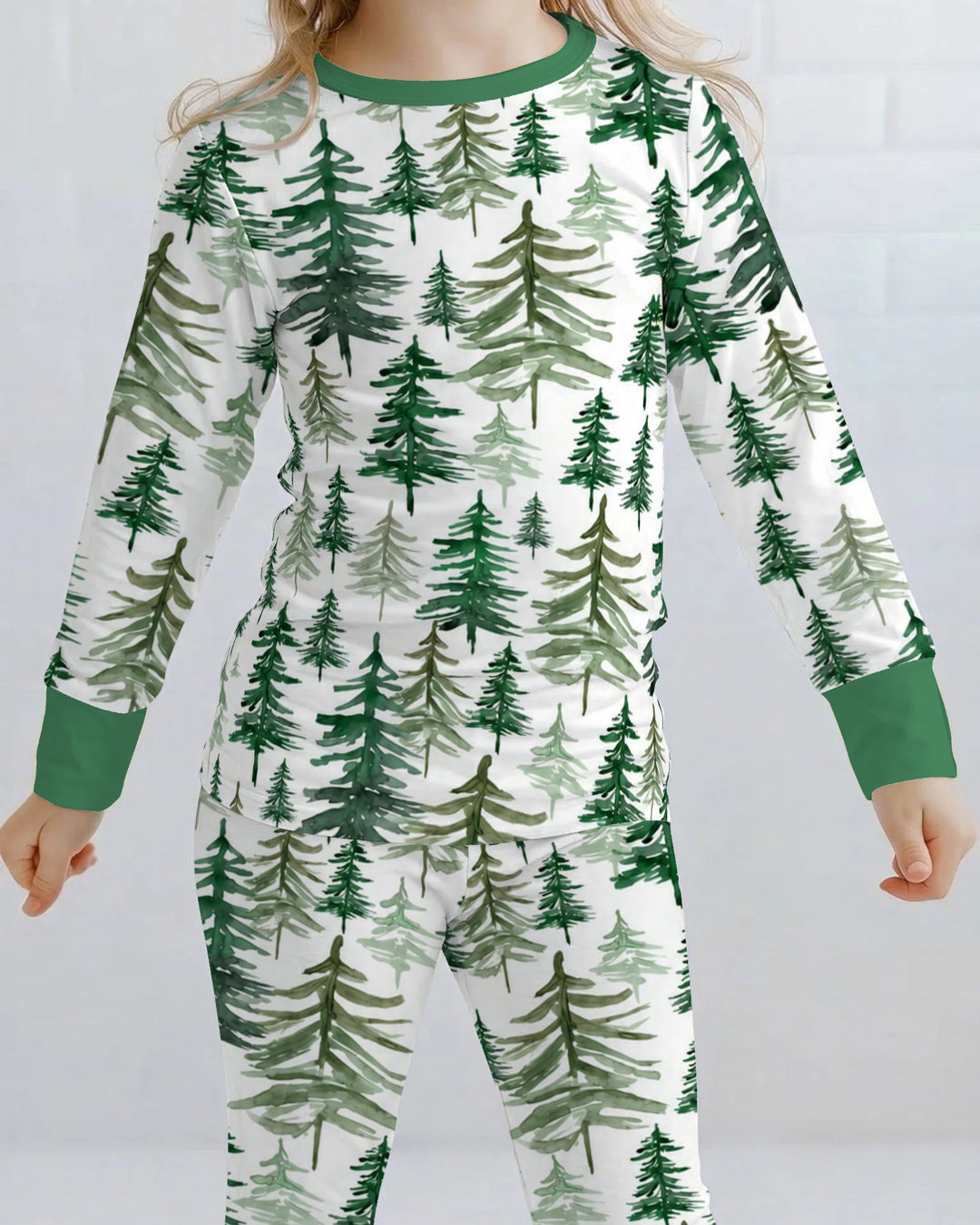 Watercolor Evergreen Pine Forest Bamboo Two Piece Long Sleeve Pajama Set