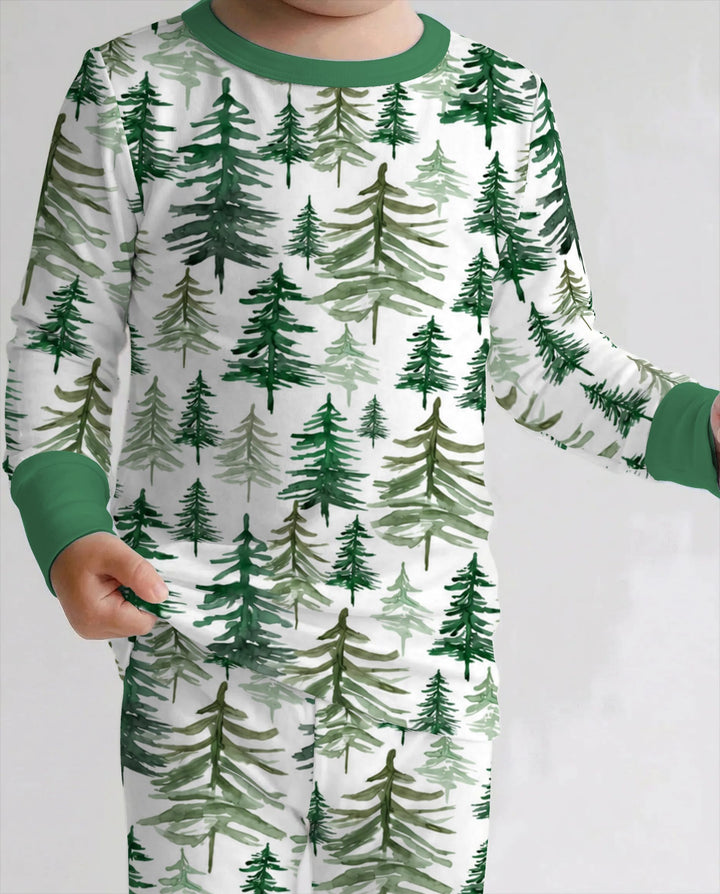 Watercolor Evergreen Pine Forest Bamboo Two Piece Long Sleeve Pajama Set