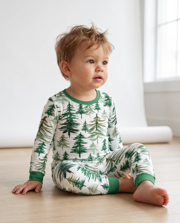 Watercolor Evergreen Pine Forest Bamboo Two Piece Long Sleeve Pajama Set