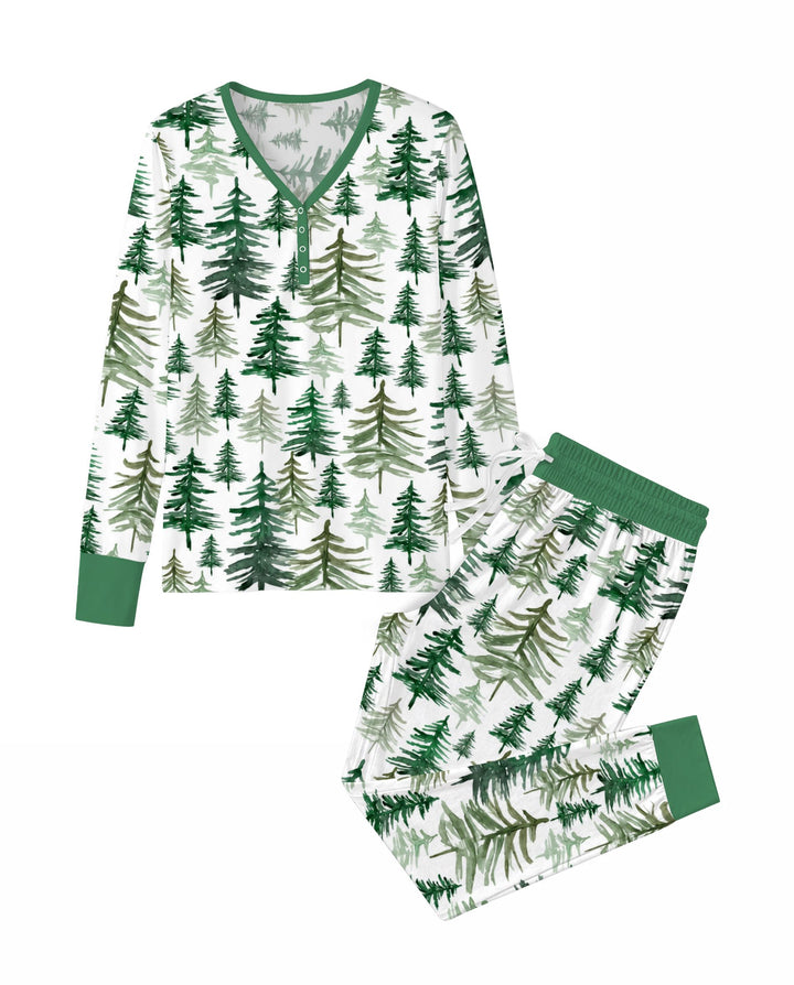 Watercolor Evergreen Pine Forest Bamboo Women Pajama Set