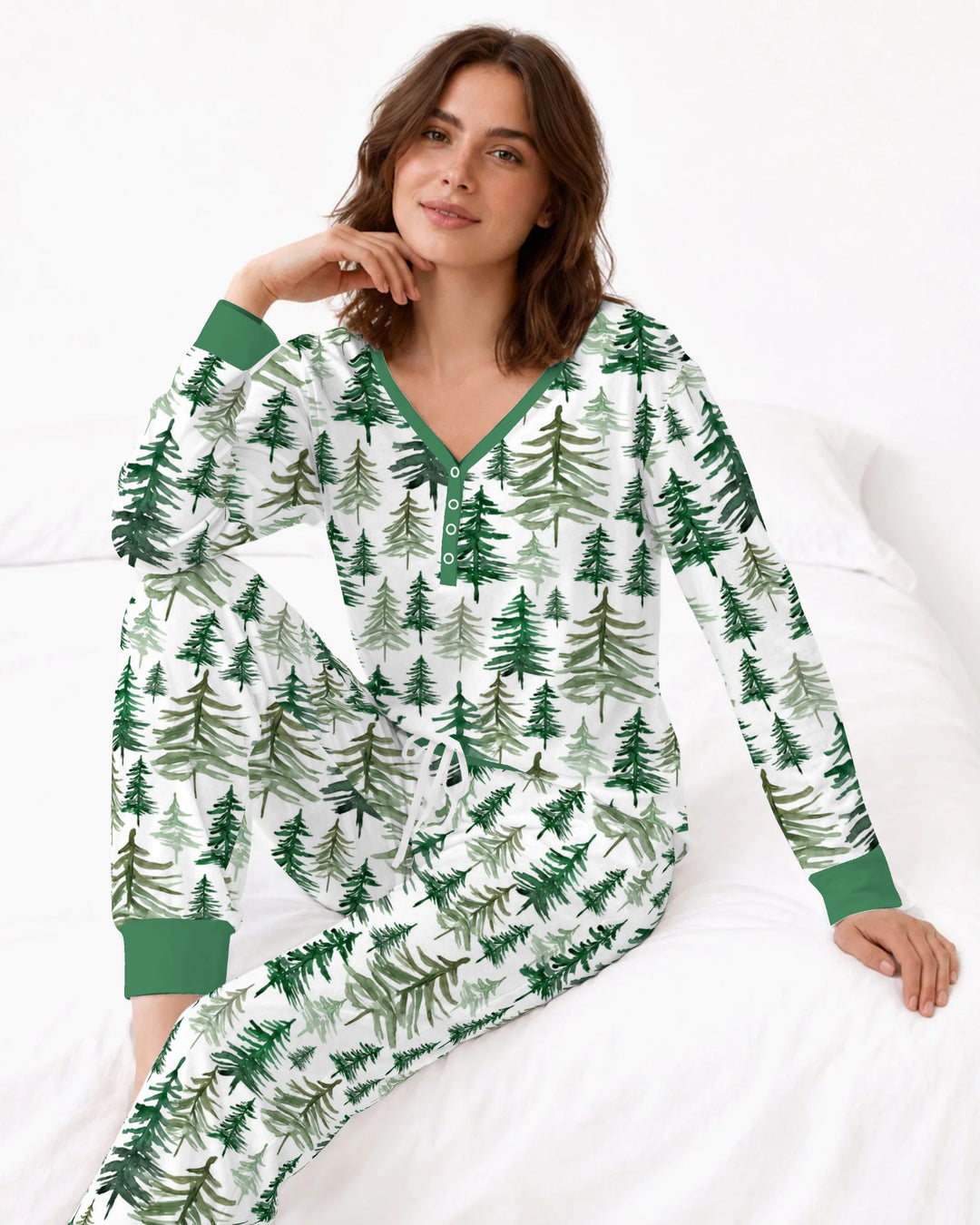 Watercolor Evergreen Pine Forest Bamboo Women Pajama Set