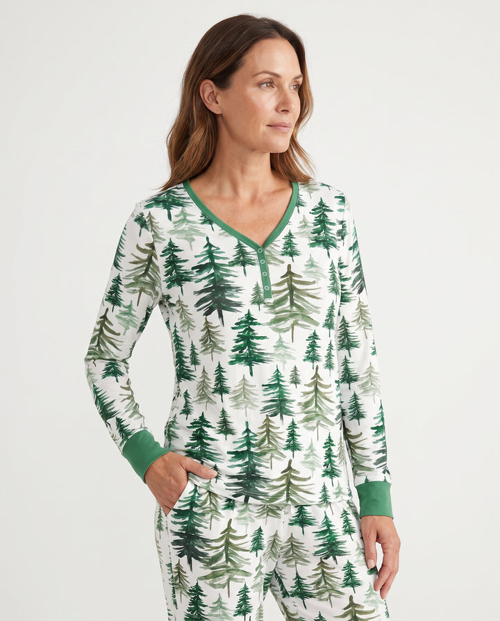 Watercolor Evergreen Pine Forest Bamboo Women Pajama Set