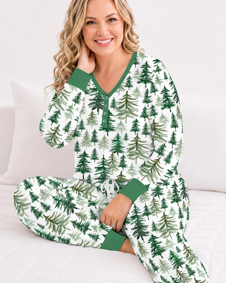 Watercolor Evergreen Pine Forest Bamboo Women Pajama Set