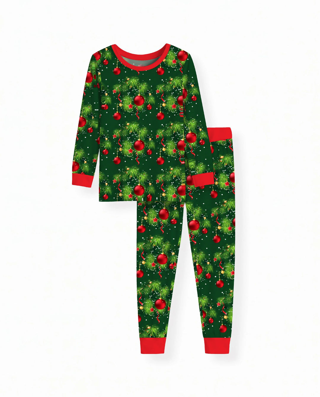 Classic Christmas Pine & Red Ornaments Bamboo Two Piece Long Sleeve Pajama Set
