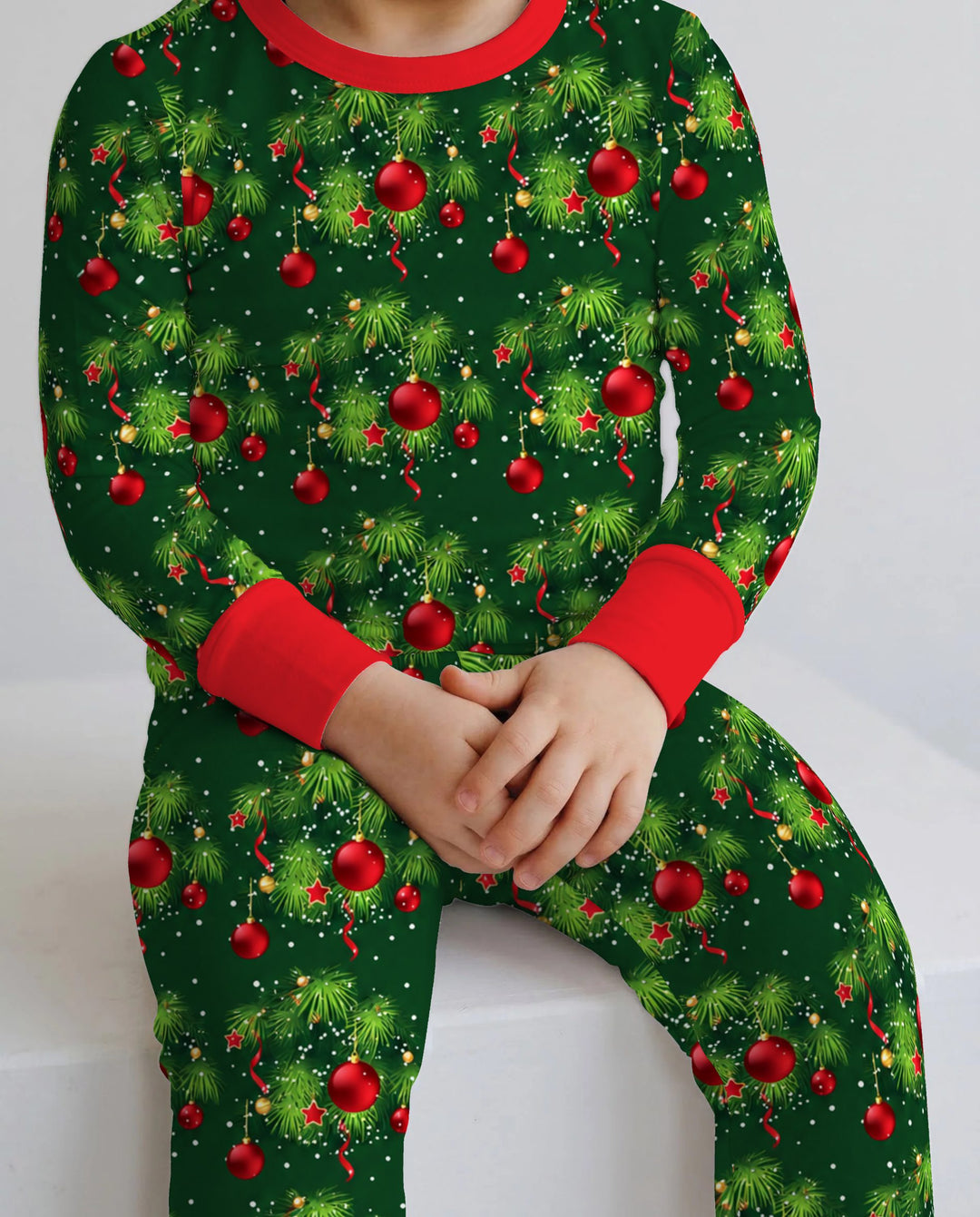 Classic Christmas Pine & Red Ornaments Bamboo Two Piece Long Sleeve Pajama Set