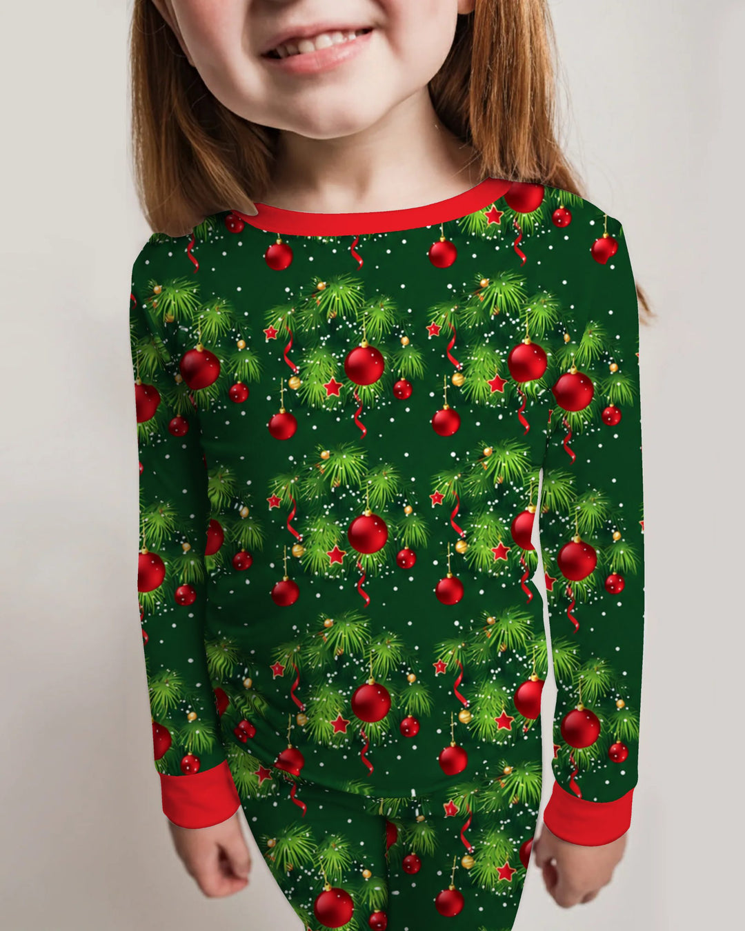 Classic Christmas Pine & Red Ornaments Bamboo Two Piece Long Sleeve Pajama Set
