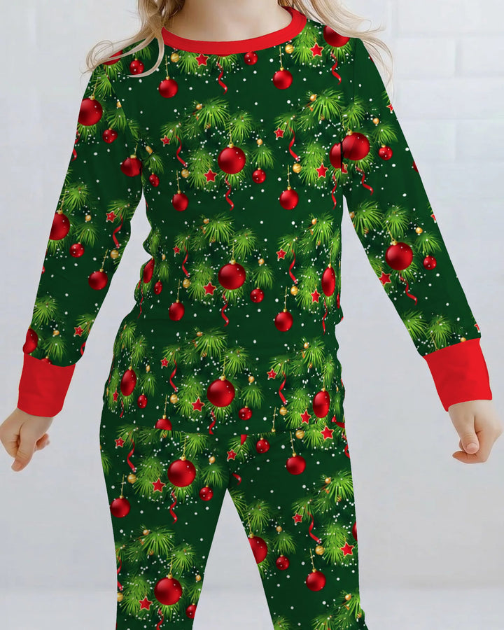 Classic Christmas Pine & Red Ornaments Bamboo Two Piece Long Sleeve Pajama Set