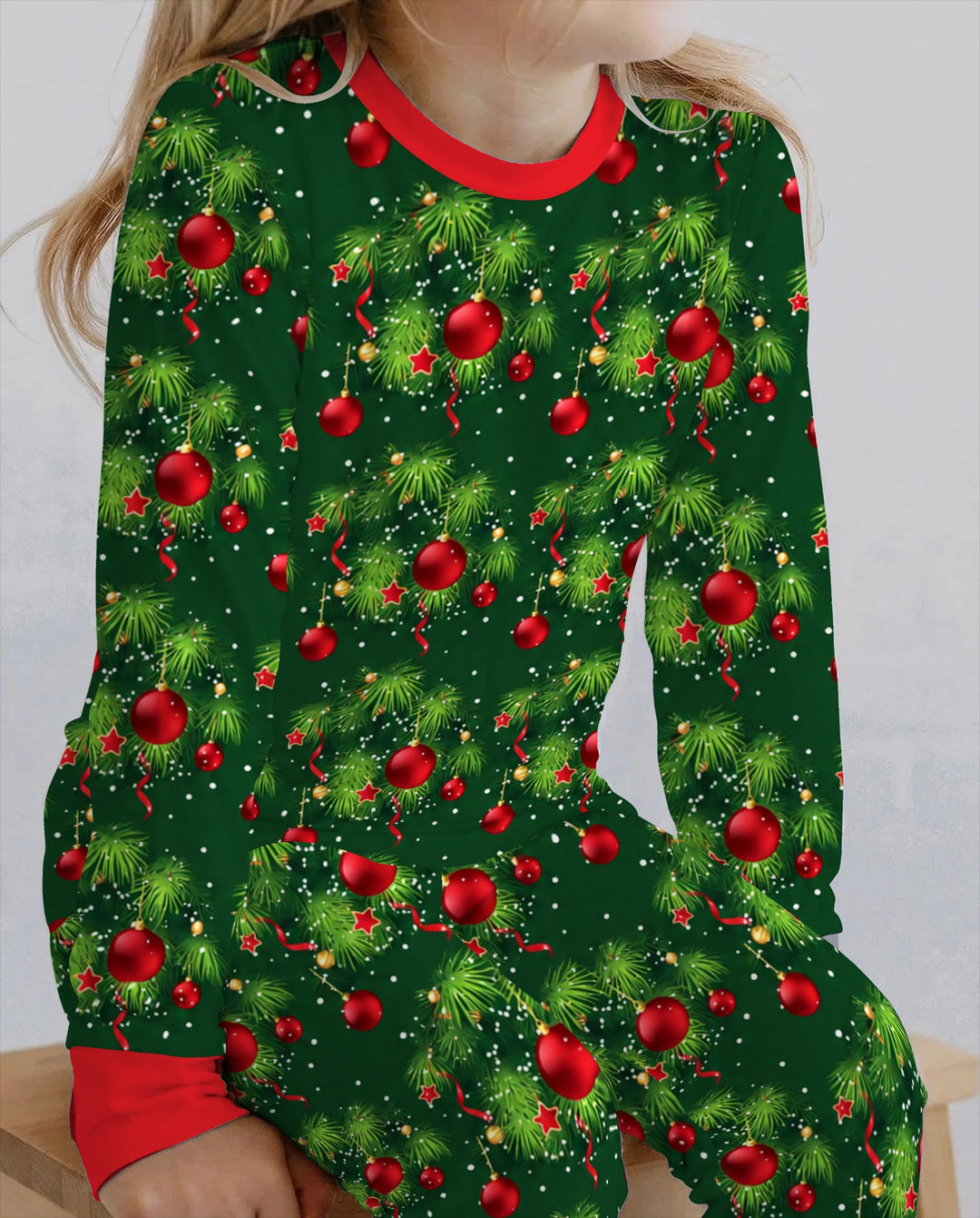 Classic Christmas Pine & Red Ornaments Bamboo Two Piece Long Sleeve Pajama Set