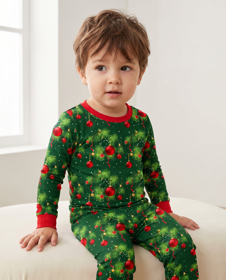 Classic Christmas Pine & Red Ornaments Bamboo Two Piece Long Sleeve Pajama Set