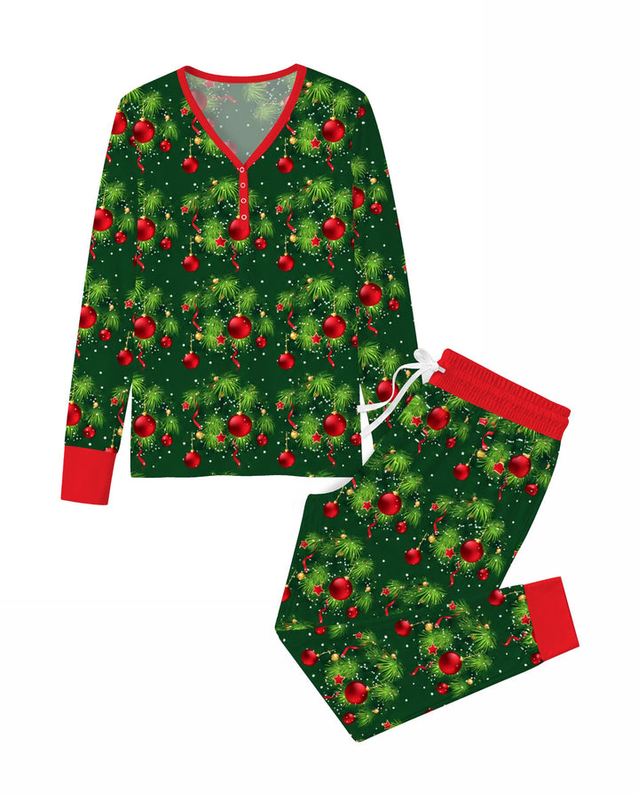 Classic Christmas Pine & Red Ornaments Bamboo Women Pajama Set