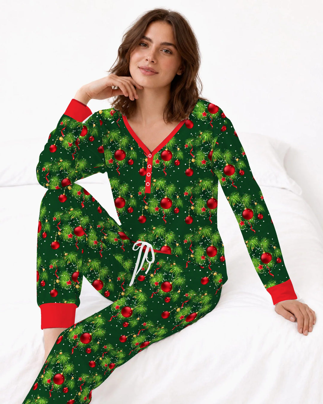 Classic Christmas Pine & Red Ornaments Bamboo Women Pajama Set