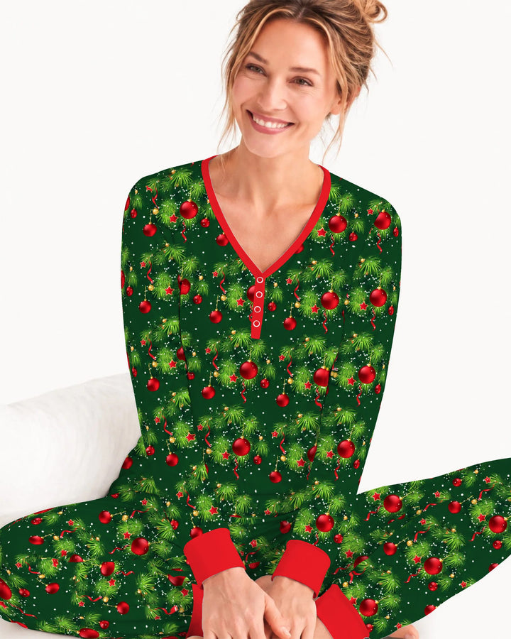 Classic Christmas Pine & Red Ornaments Bamboo Women Pajama Set