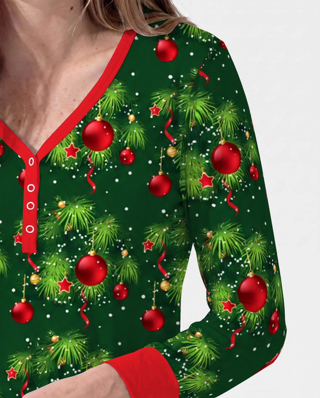 Classic Christmas Pine & Red Ornaments Bamboo Women Pajama Set