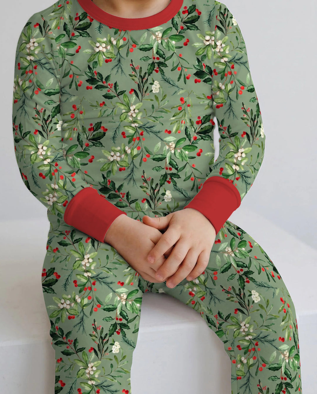 Vintage Christmas Holly & Mistletoe Botanical Bamboo Two Piece Long Sleeve Pajama Set