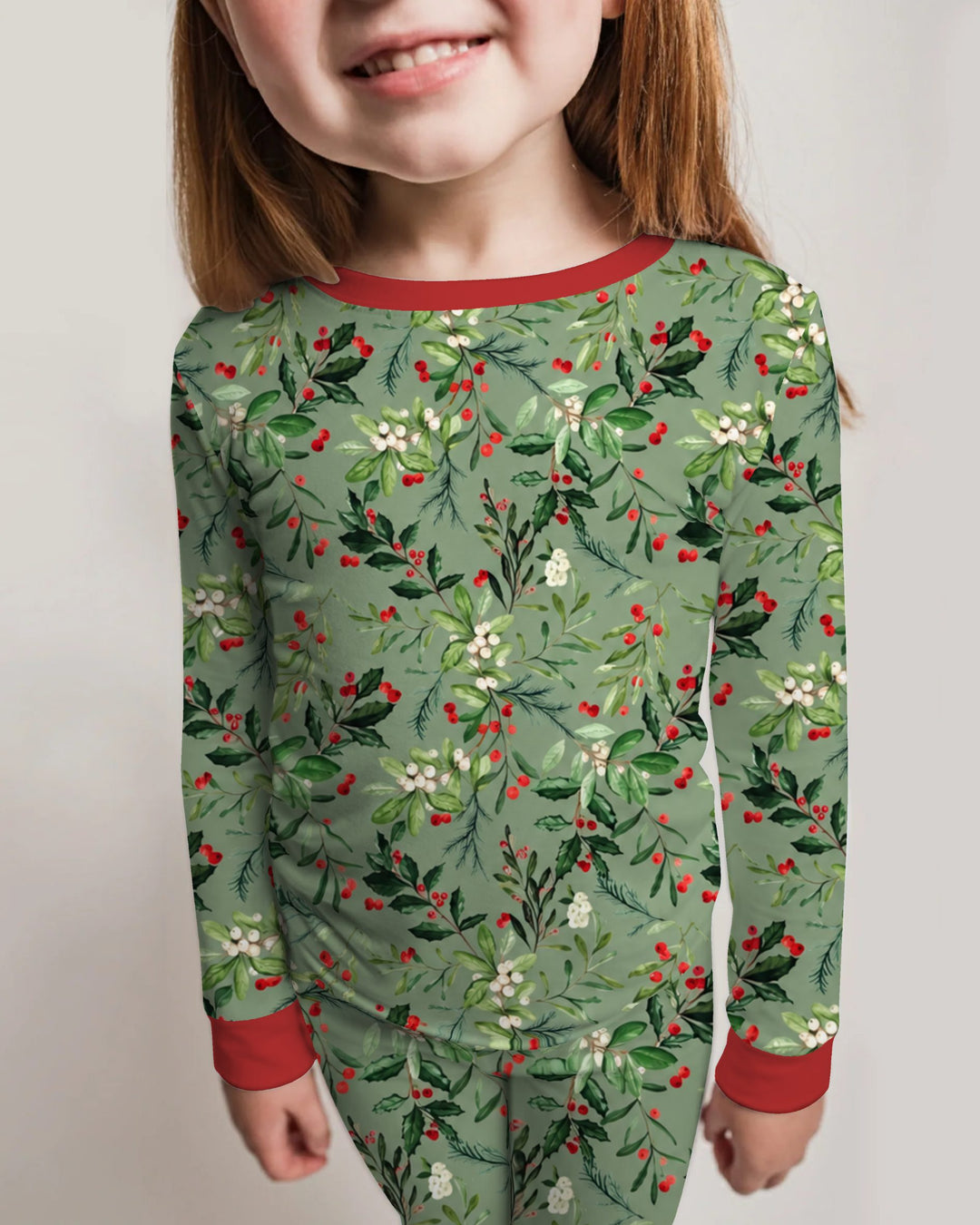Vintage Christmas Holly & Mistletoe Botanical Bamboo Two Piece Long Sleeve Pajama Set