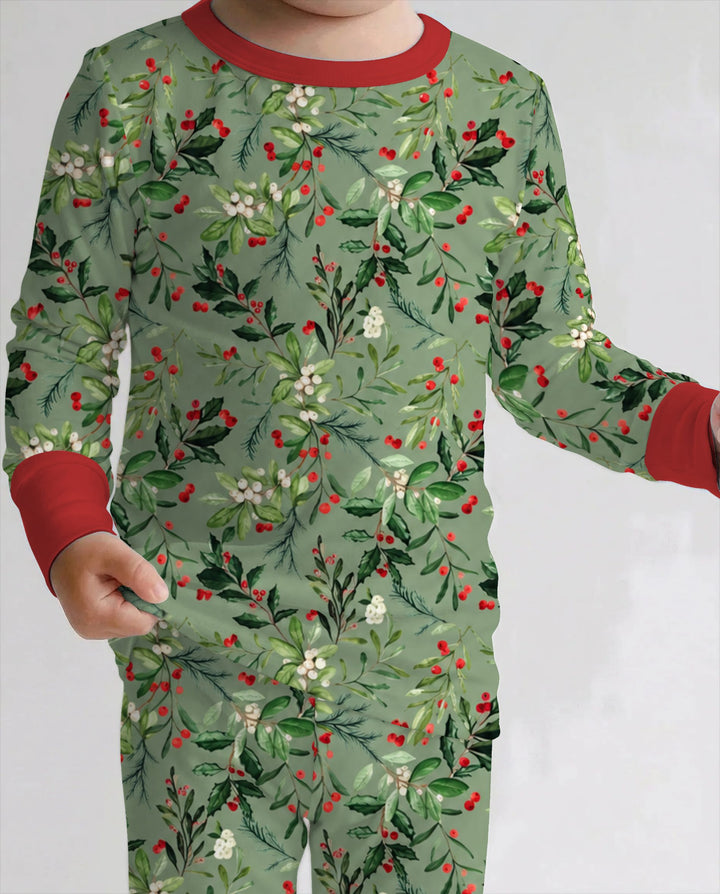 Vintage Christmas Holly & Mistletoe Botanical Bamboo Two Piece Long Sleeve Pajama Set