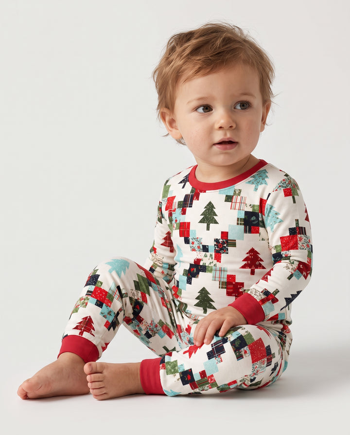 Christmas Patchwork Quilt & Trees Bamboo Two Piece Long Sleeve Pajama Set