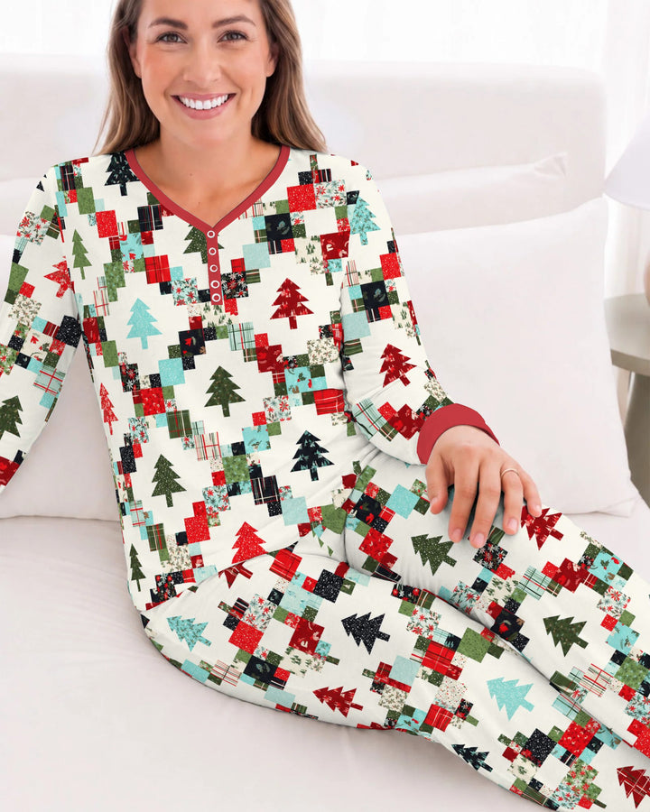 Christmas Patchwork Quilt & Trees Bamboo Women Pajama Set