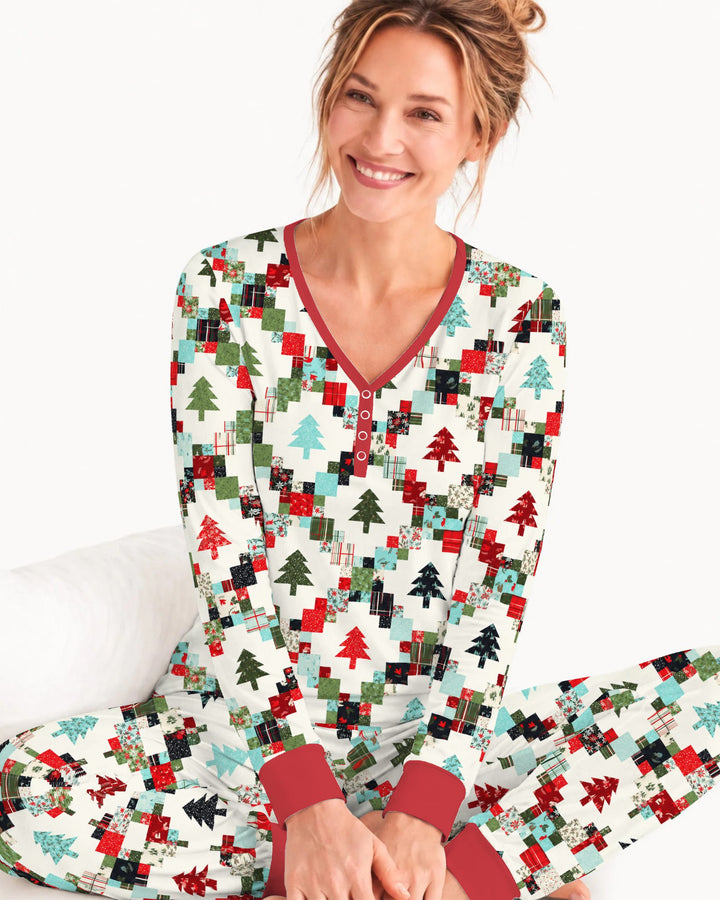 Christmas Patchwork Quilt & Trees Bamboo Women Pajama Set