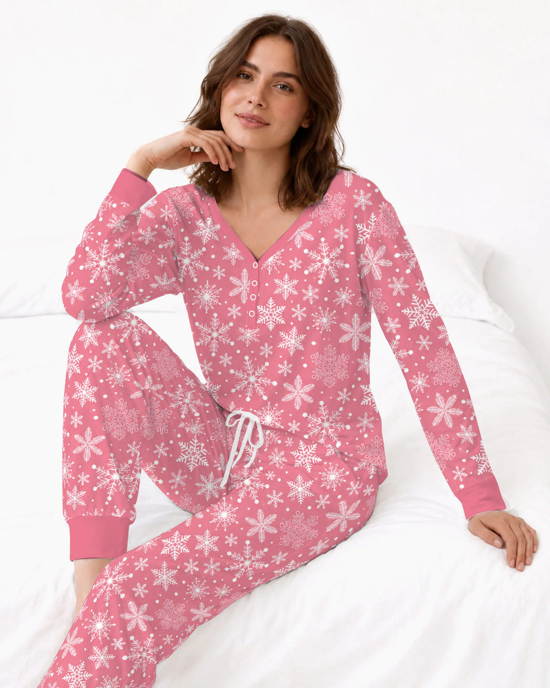 Pink and White Snowflake Toss Bamboo Women Pajama Set