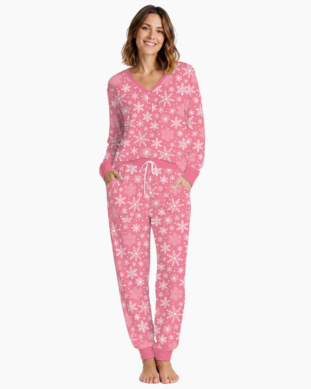 Pink and White Snowflake Toss Bamboo Women Pajama Set