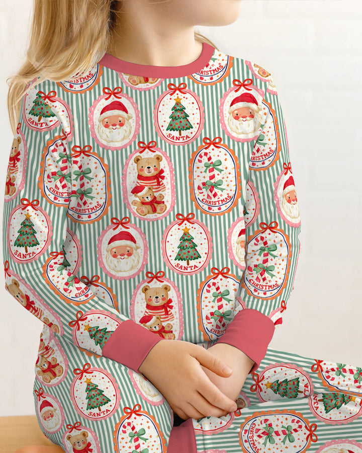 Vintage Santa Christmas Gift Tags Seamless Pattern Bamboo Two Piece Long Sleeve Pajama Set