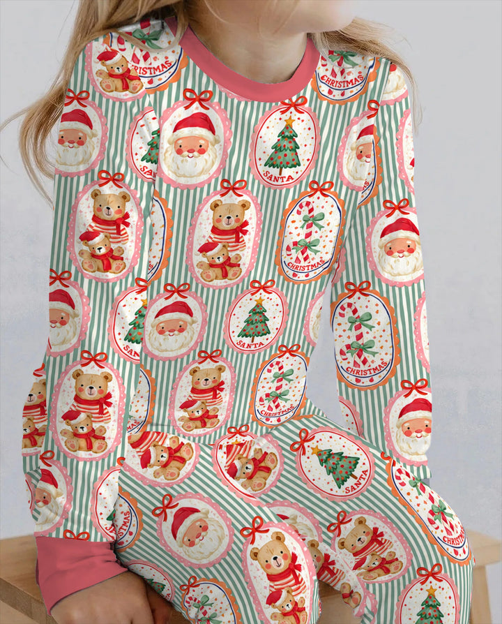 Vintage Santa Christmas Gift Tags Seamless Pattern Bamboo Two Piece Long Sleeve Pajama Set