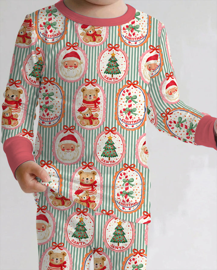 Vintage Santa Christmas Gift Tags Seamless Pattern Bamboo Two Piece Long Sleeve Pajama Set