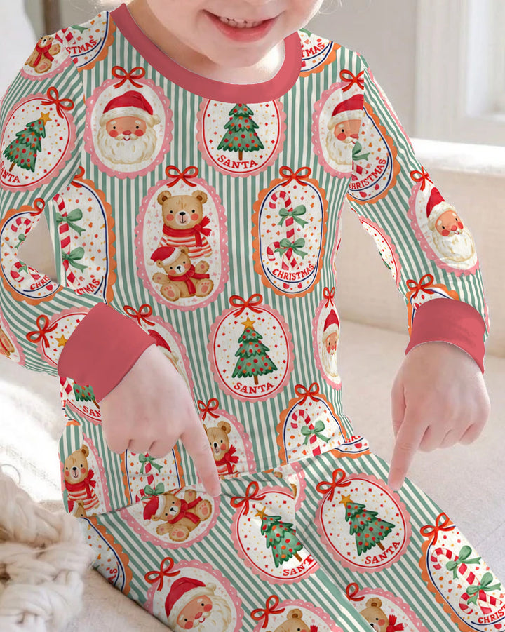 Vintage Santa Christmas Gift Tags Seamless Pattern Bamboo Two Piece Long Sleeve Pajama Set
