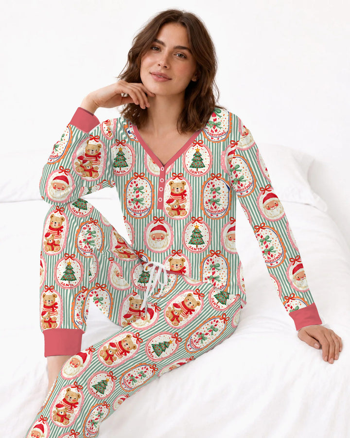 Vintage Santa Christmas Gift Tags Seamless Pattern Bamboo Women Pajama Set