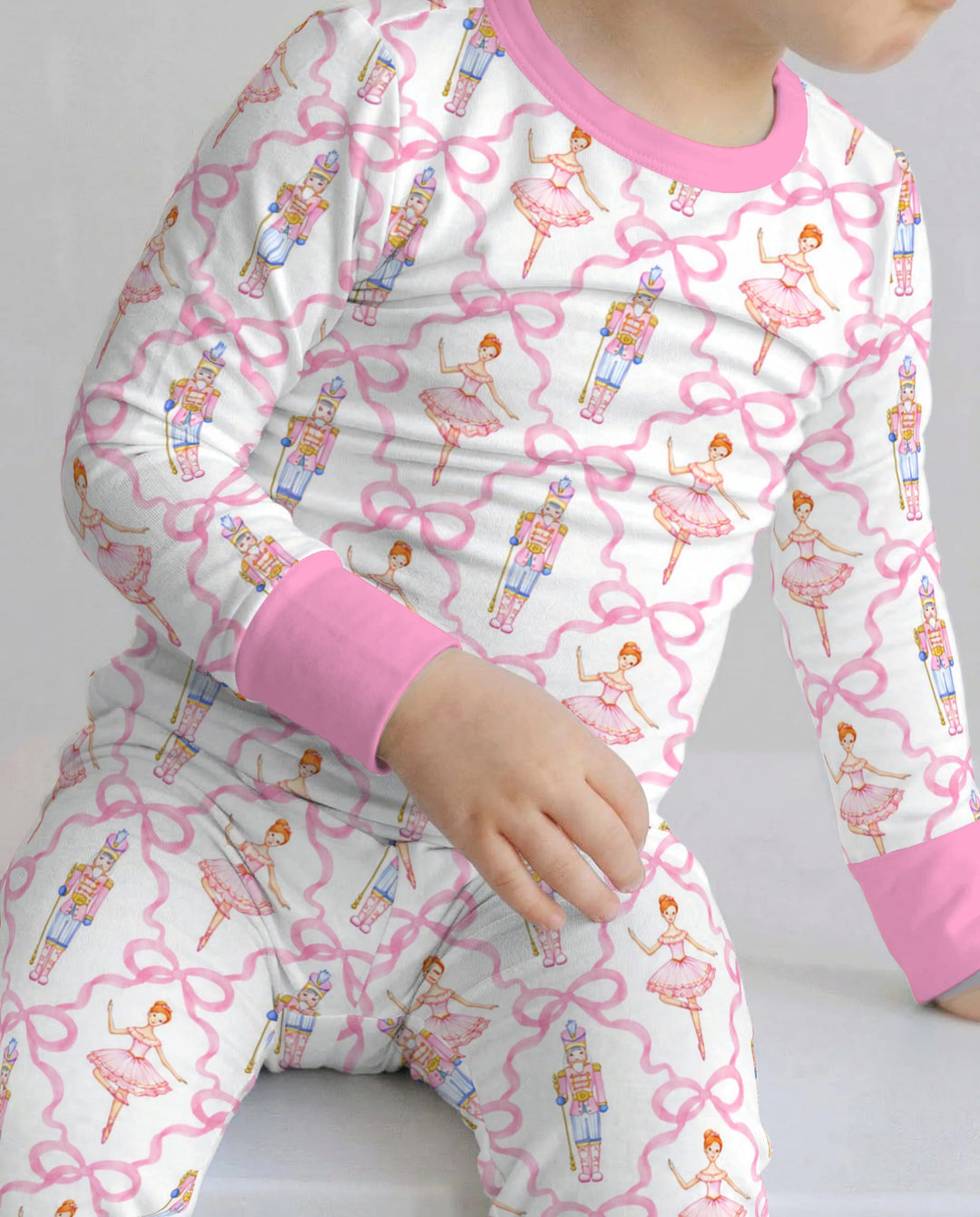 Pink Nutcracker Ballerina Bow Seamless Pattern Bamboo Two Piece Long Sleeve Pajama Set