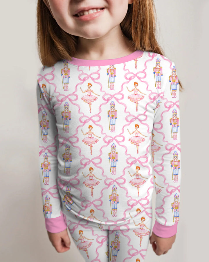 Pink Nutcracker Ballerina Bow Seamless Pattern Bamboo Two Piece Long Sleeve Pajama Set
