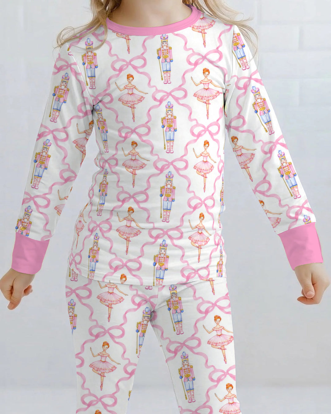 Pink Nutcracker Ballerina Bow Seamless Pattern Bamboo Two Piece Long Sleeve Pajama Set