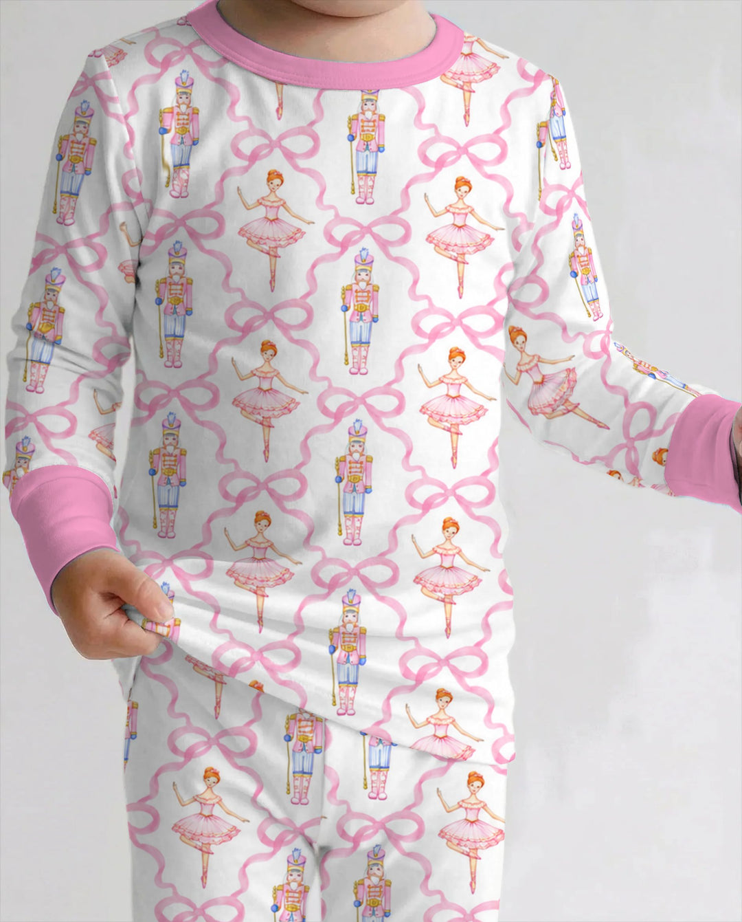 Pink Nutcracker Ballerina Bow Seamless Pattern Bamboo Two Piece Long Sleeve Pajama Set