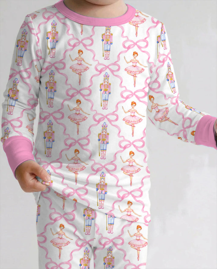 Pink Nutcracker Ballerina Bow Seamless Pattern Bamboo Two Piece Long Sleeve Pajama Set