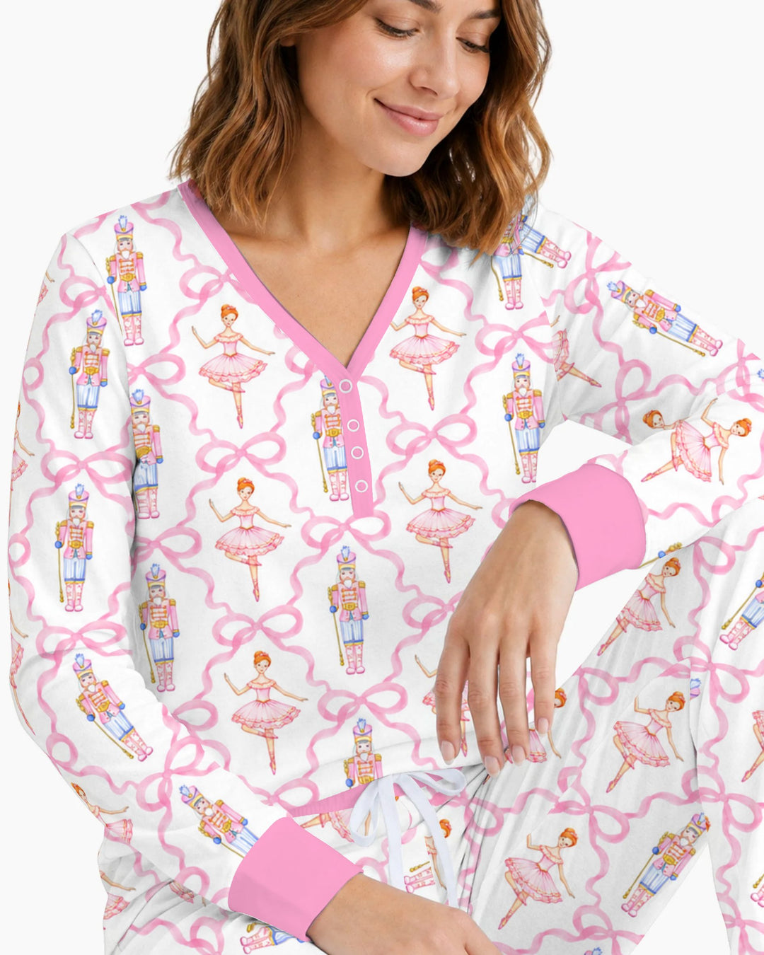 Pink Nutcracker Ballerina Bow Seamless Pattern Bamboo Women Pajama Set