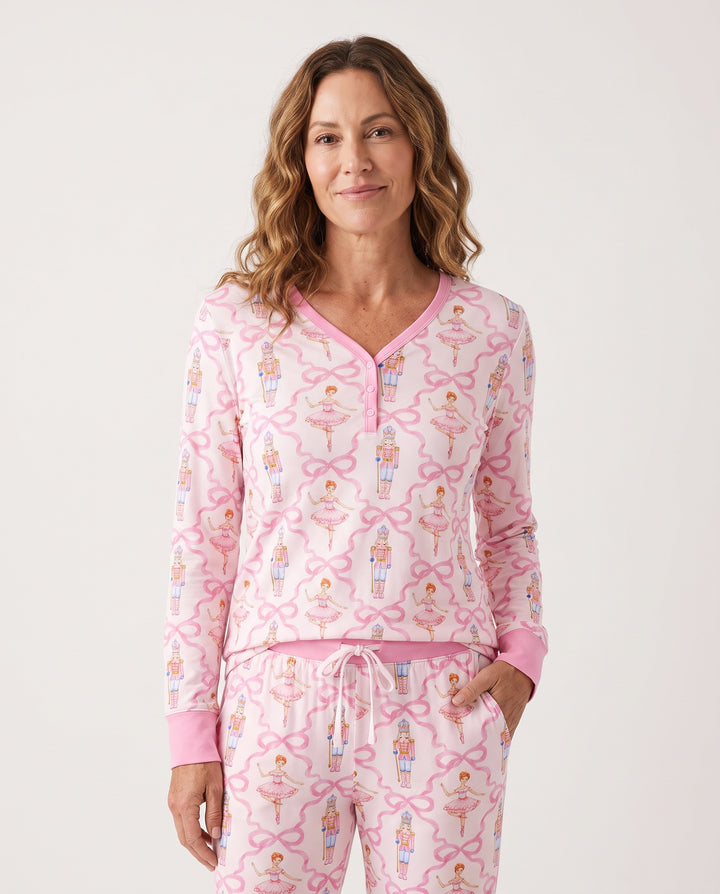 Pink Nutcracker Ballerina Bow Seamless Pattern Bamboo Women Pajama Set