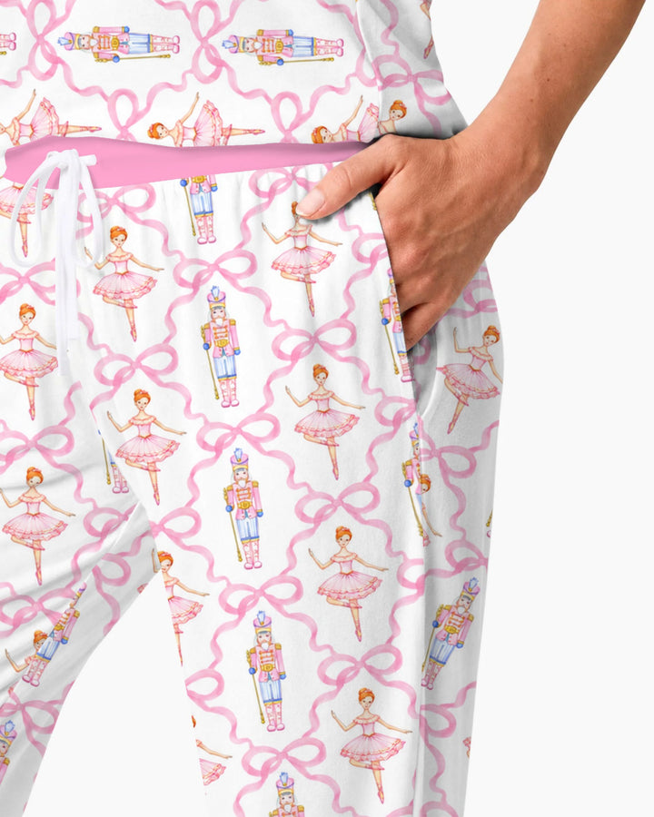 Pink Nutcracker Ballerina Bow Seamless Pattern Bamboo Women Pajama Set