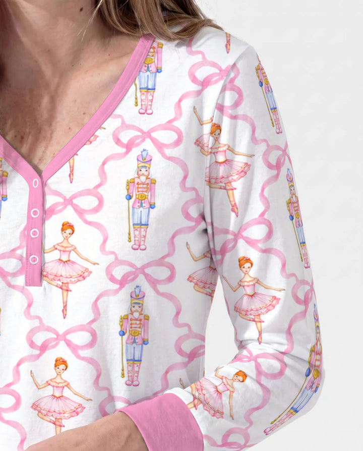 Pink Nutcracker Ballerina Bow Seamless Pattern Bamboo Women Pajama Set