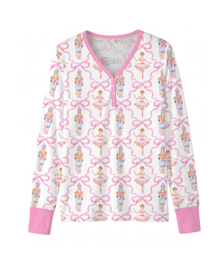 Pink Nutcracker Ballerina Bow Seamless Pattern Bamboo Women Pajama Set