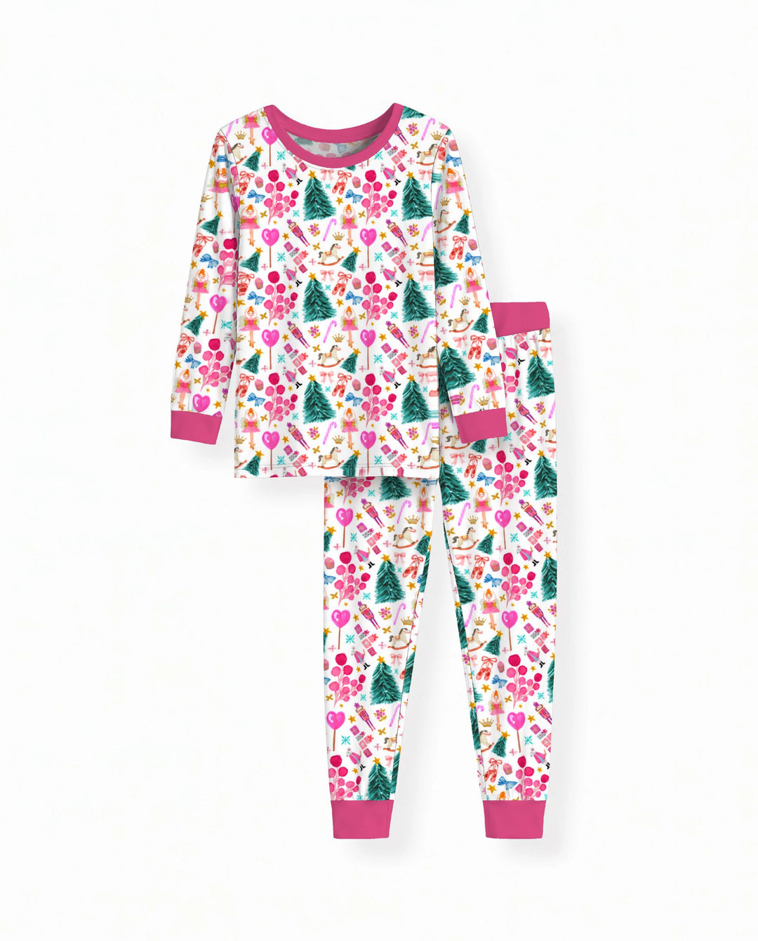 Whimsical Pink Nutcracker Christmas Doodle Seamless Pattern Bamboo Two Piece Long Sleeve Pajama Set