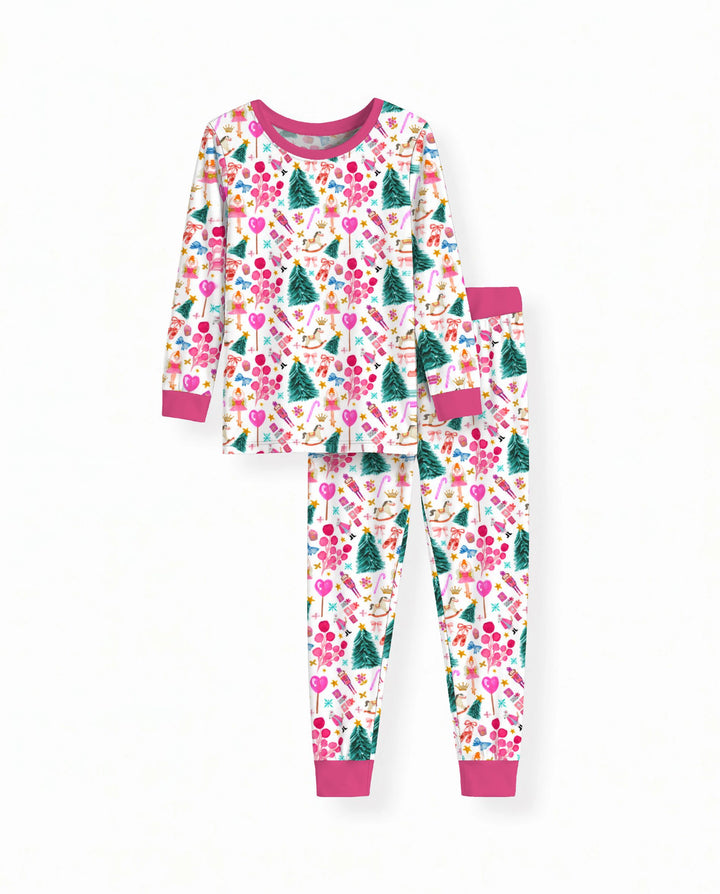 Whimsical Pink Nutcracker Christmas Doodle Seamless Pattern Bamboo Two Piece Long Sleeve Pajama Set